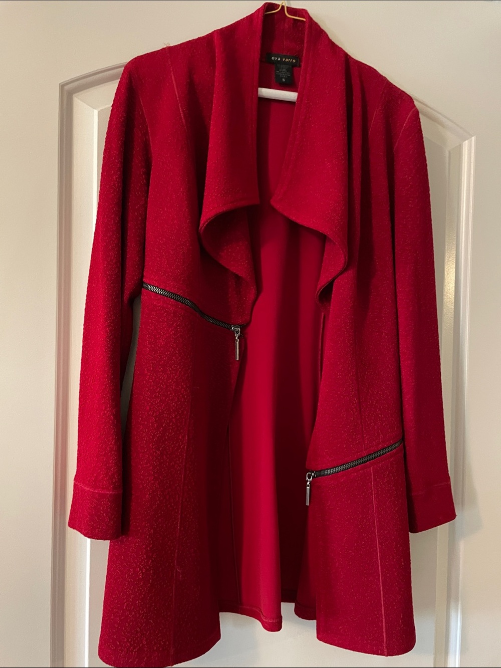 Red Draped Open-Front Blazer with Zip Accents